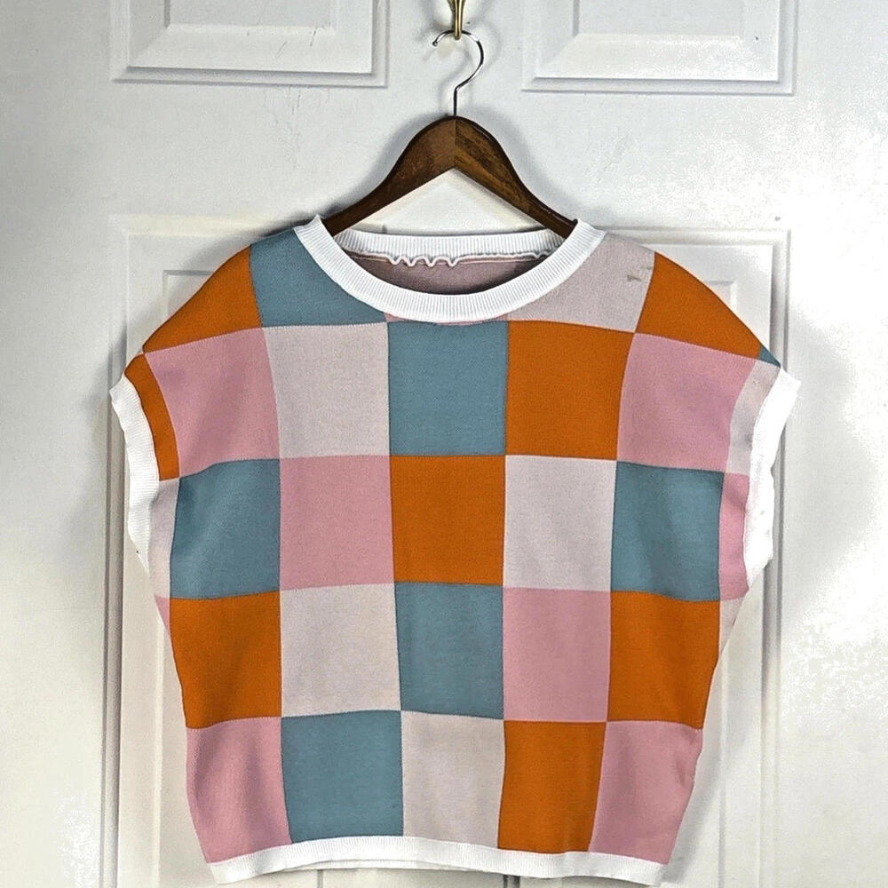 Retro 50s Style Colorful Checker Sleeveless Crop Top Small